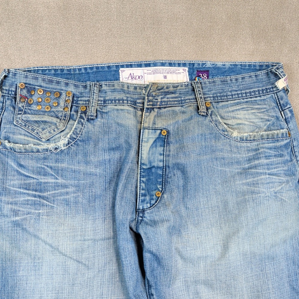 Akoo Y2K Streetwear Distressed Straight Leg Jeans 38 Blue Cotton Studded Wing - Picture 3 of 16